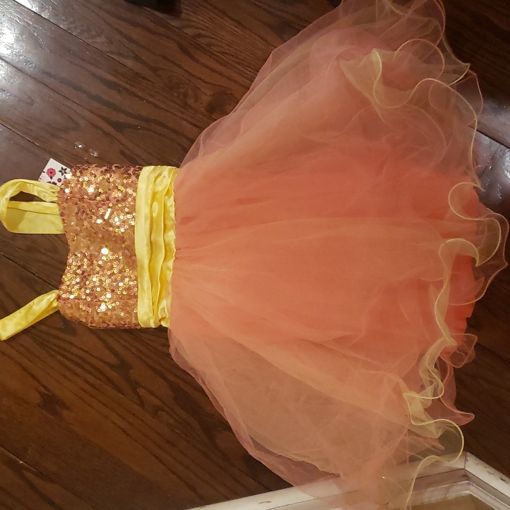 Coral yellow short sequin tulle party dress 10